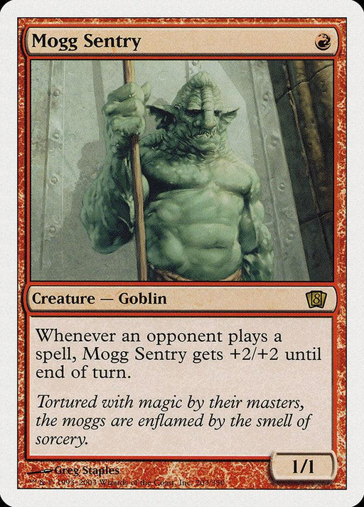 A Magic: The Gathering product titled "Mogg Sentry [Eighth Edition]" from Magic: The Gathering. It features an illustrated green Goblin Warrior holding a spear. The card has a mana cost of one red mana, is a 1/1 creature, and gains +2/+2 when an opponent plays a spell. The bottom text describes the creature's background and abilities.