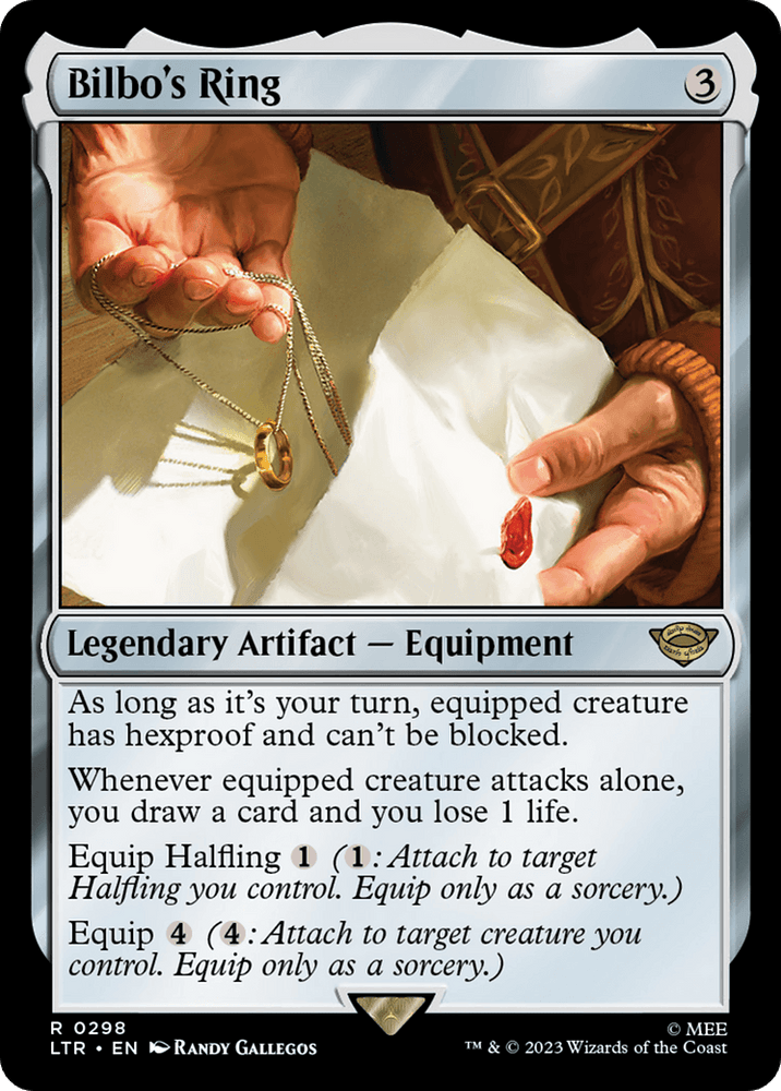 The image showcases the Magic: The Gathering card "Bilbo's Ring" from The Lord of the Rings: Tales of Middle-Earth series. It depicts a hand holding a golden ring above an outstretched palm, evoking themes from The Lord of the Rings. This Legendary Artifact - Equipment card has a casting cost of three generic mana and includes abilities for equipping Halflings and drawing cards.