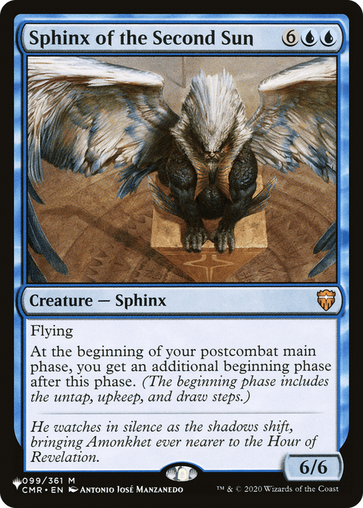 A Magic: The Gathering card titled "Sphinx of the Second Sun [Secret Lair: From Cute to Brute]." This Mythic Creature depicts a winged sphinx with a majestic, glowing appearance. Perched with wings open wide, it exudes an aura of wisdom and power. The card’s text details its special abilities and stats: 6 cost, 6/6 power, Flying, and an ability that grants an additional main phase after your postcombat main phase.