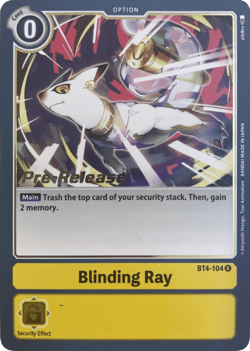 The Digimon trading card "Blinding Ray [BT4-104]" from the Great Legend Pre-Release Promos features a white Digimon with a golden collar emitting a bright light from its head. It has zero cost and includes a main effect of trashing the top card of your security stack to gain two memory.