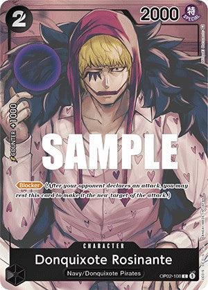 A trading card depicting Donquixote Rosinante from the One Piece series. The character has blond hair, wears a pink feathered coat, and has a distinctive face mark. The card stats include: cost of 2, a power of 2000, and counter of 1000. Text: "Blocker. (After your opponent...)." Card ID: OP02-108

Product Name: Donquixote Rosinante (Box Topper) [Paramount War]
Brand Name: Bandai