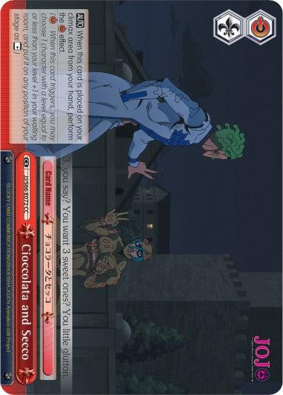 A trading card featuring characters from the anime JoJo's Bizarre Adventure: Golden Wind. One character has green hair and a white coat, while another is in protective armor. Text on the card includes abilities and names: "Cioccolata and Secco (JJ/S66-E072 CC) [JoJo's Bizarre Adventure: Golden Wind]" with the quote, "You want a sweet one? You little glutton." The background shows a dark, fortress-like scene. This card is produced by Bushiroad.
