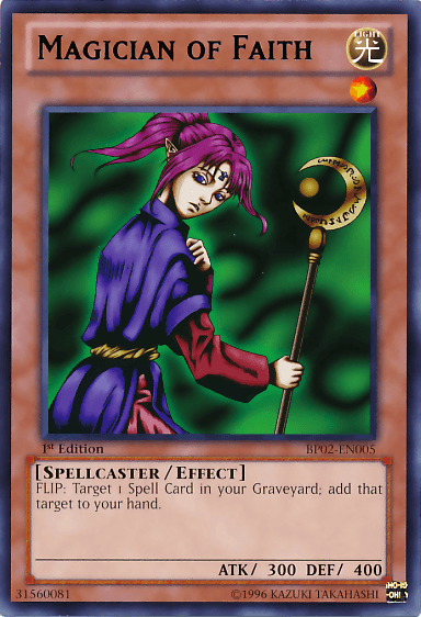 A "Yu-Gi-Oh!" trading card from Battle Pack 2 featuring "Magician of Faith [BP02-EN005] Rare." It depicts a purple-haired female spellcaster with pointed ears, wearing a purple robe and holding a staff with a golden orb. The border is light yellow, and the card has stats: ATK 300, DEF 400. Its effect allows retrieving a Spell Card from the graveyard.