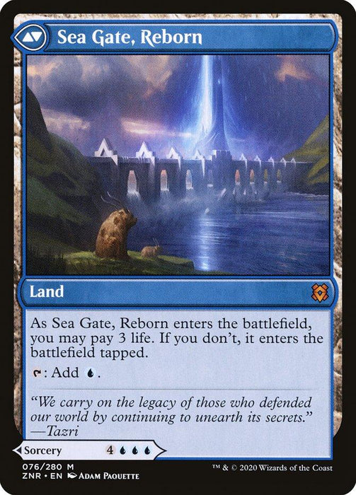 A Magic: The Gathering card titled "Sea Gate Restoration // Sea Gate, Reborn [Zendikar Rising]" from Zendikar Rising. It depicts a luminous, mystical tower on a coast, emitting rays of blue light. A bear sits on a rock in the foreground. The card is a Land type and includes instructions and flavor text at the bottom.