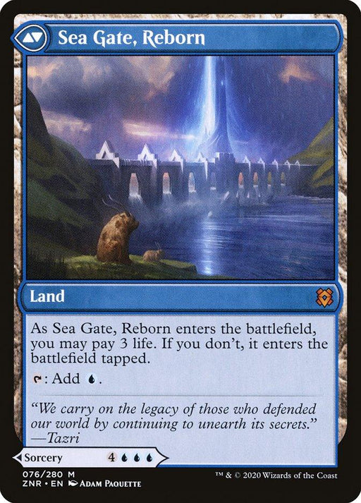 A Magic: The Gathering card titled "Sea Gate Restoration // Sea Gate, Reborn [Zendikar Rising]" from Zendikar Rising. It depicts a luminous, mystical tower on a coast, emitting rays of blue light. A bear sits on a rock in the foreground. The card is a Land type and includes instructions and flavor text at the bottom.