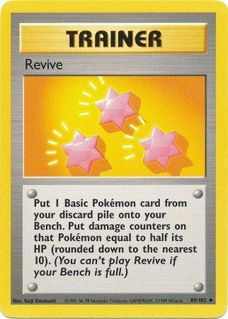 Image of an Uncommon Trainer card from the Pokémon Base Set Unlimited titled "Revive (89/102) [Base Set Unlimited]." The card features an illustration of three pink star-shaped objects with a bright yellow background. The text instructs the player to put one Basic Pokémon card from the discard pile onto their Bench with half its HP, rounded down to the nearest 10. (You can't play Revive if your Bench is full).