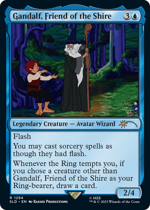 A Magic: The Gathering card “Gandalf, Friend of the Shire [Secret Lair Drop Series].” This Legendary Creature Avatar Wizard is illustrated in a fantasy art style, showing an old wizard holding a staff, standing next to a hobbit. The card has a blue border and detailed text about its abilities.