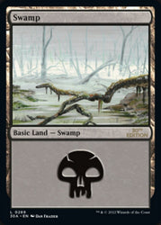 The "Swamp (289) [30th Anniversary Edition]" card from Magic: The Gathering showcases a foggy marsh with dead trees and murky water. As a Basic Land card, it features a black border and a skull symbol to denote black mana, with the artist Dan Frazier’s name elegantly positioned in the bottom left corner.