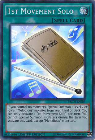 An image of the Yu-Gi-Oh! card "1st Movement Solo (SE) [NECH-ENS10] Super Rare," a Spell Card. The card depicts an open music book with "1st Movement Solo" written in elegant script. This essential for summoning Melodious monsters details activation conditions and powerful effects that make it a must-have for collectors of Yu-Gi-Oh! cards.