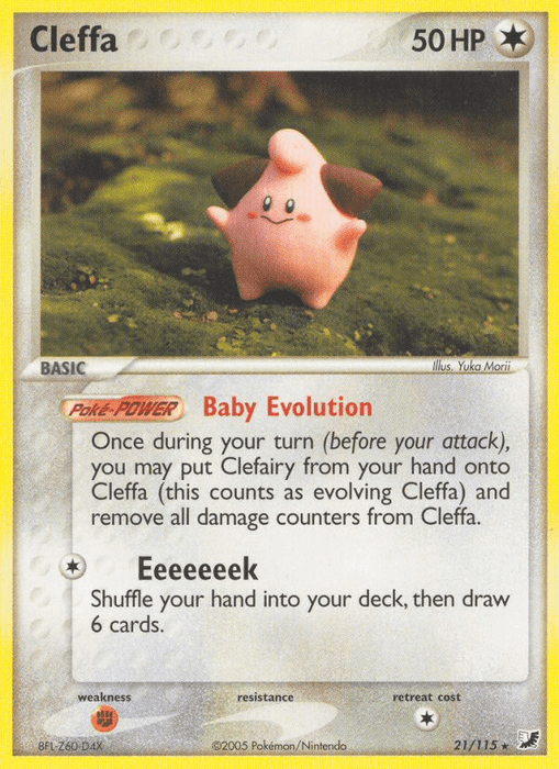 A rare Pokémon card featuring Cleffa (21/115) [EX: Unseen Forces] from the Pokémon set. The card has an image of Cleffa, a small pink creature with a star-shaped head and limbs, standing on green mossy ground. Its abilities are 'Baby Evolution' and 'Eeeeeeeek.' The card is numbered 21 out of 115, illustrated by Yuka Morii.