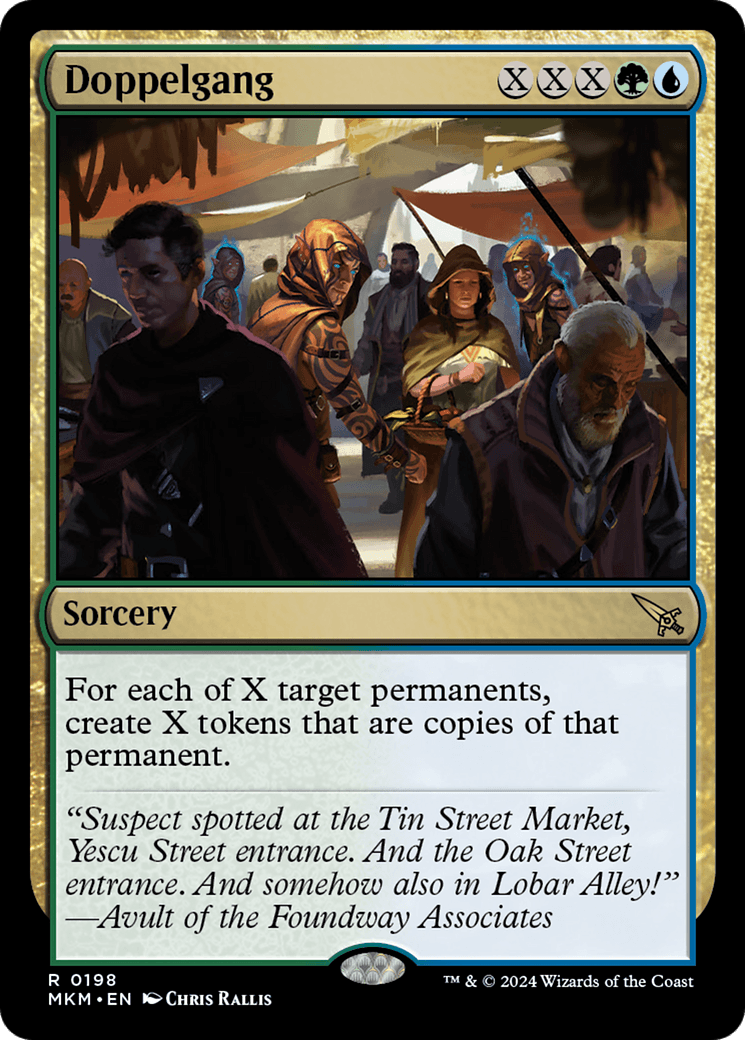 Magic: The Gathering card named Doppelgang [Murders at Karlov Manor]. It has a black, blue, and green border with an illustration showing a bustling medieval marketplace with diverse characters. As a Rare Sorcery from the 