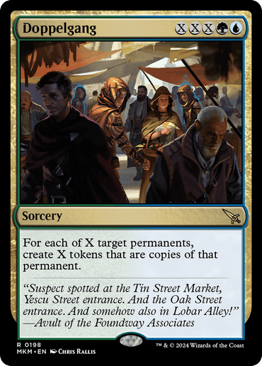 Magic: The Gathering card named Doppelgang [Murders at Karlov Manor]. It has a black, blue, and green border with an illustration showing a bustling medieval marketplace with diverse characters. As a Rare Sorcery from the "Murders at Karlov Manor" set, its text reads, "For each of X target permanents, create X tokens that are copies of that permanent.