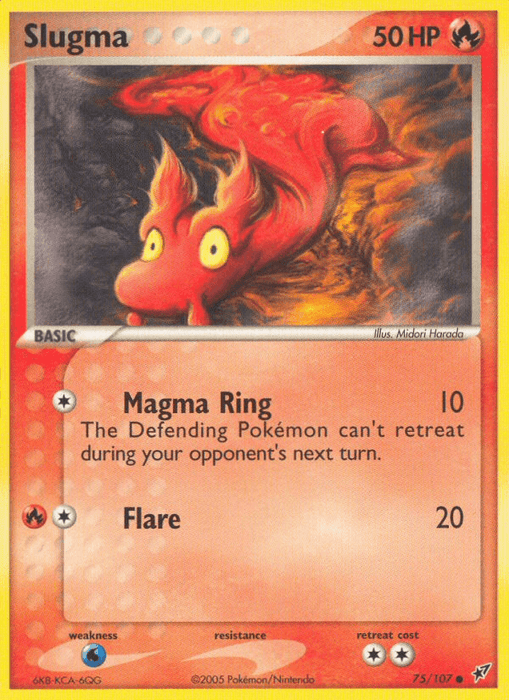 Image of a Pokémon trading card featuring **Slugma (75/107) [EX: Deoxys]**. This Fire type, red slug-like creature with yellow eyes and flames on its back has 50 HP. The card lists two attacks: Magma Ring (10 damage) and Flare (20 damage). It's card number 75 out of 107 from the Common rarity EX: Deoxys 2005 series by **Pokémon**.