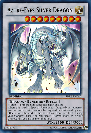 A Yu-Gi-Oh! card titled "Azure-Eyes Silver Dragon [SDBE-EN040] Ultra Rare" features a stunning dragon illustration. This Ultra Rare, Level 9 Light Synchro/Effect Monster boasts 2500 Attack and 3000 Defense. Summon it using 1 Tuner and 1 or more non-Tuner Normal Monsters to unleash its special summoning effects.
