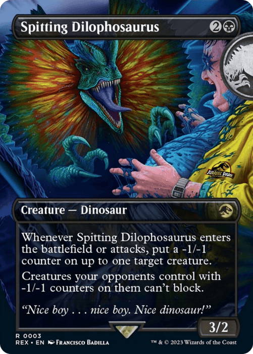 A Magic: The Gathering card from the Jurassic World Collection, titled "Spitting Dilophosaurus (Borderless) [Jurassic World Collection]," depicts a threatening dinosaur with frills extended, spitting venom. The card text reads: "Whenever Spitting Dilophosaurus (Borderless) [Jurassic World Collection] enters the battlefield or attacks, put a -1/-1 counter on up to one target creature. Creatures your opponents control with -1/-1 counters on them