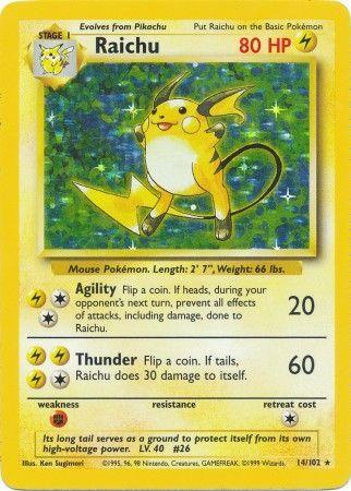 An image of a Raichu (14/102) [Base Set Unlimited] Pokémon card from the Pokémon brand. Raichu is depicted in a dynamic pose with a lightning background. The card details 80 HP, evolves from Pikachu, and features two attacks: Agility (20 damage) and Thunder (60 damage). Weakness is fighting type; resistance is none.