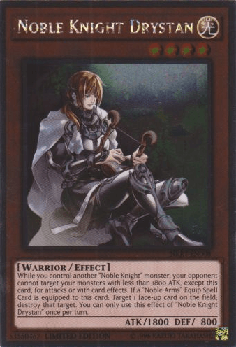 The image depicts the "Noble Knight Drystan [NKRT-EN008] Platinum Rare" Yu-Gi-Oh! trading card. This Platinum Rare Effect Monster features an armored knight with long hair, sitting pensively with a sword. It has ATK 1800 and DEF 800. Also displayed are the Light attribute symbol, the card's effect description, and the Limited Edition designation.