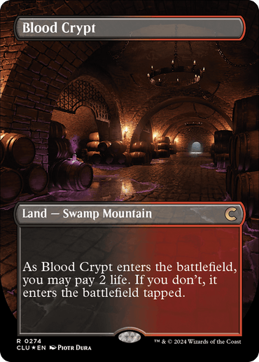 The image shows a "Magic: The Gathering" card called "Blood Crypt (Borderless) [Ravnica: Clue Edition]." This Land subtype "Swamp Mountain" lets you pay 2 life to enter untapped and depicts an underground vault with arched brick ceilings, barrels, and dim lighting.