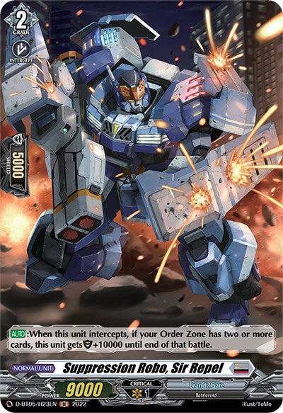 A formidable robot warrior named "Suppression Robo, Sir Repel (D-BT05/H23EN) [Triumphant Return of the Brave Heroes]" from Bushiroad is depicted in an intense combat stance amidst a battle scene. This Grade 2 Battleroid card boasts 9000 Power and features intricate holo-detailed artwork with special effects, along with game text describing its abilities, showcasing its shield and laser weapon.