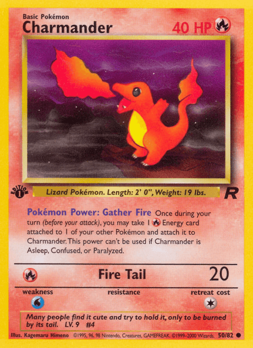 A Pokémon Charmander (50/82) [Team Rocket 1st Edition] card features Charmander, a Fire type lizard Pokémon with 40 HP. Charmander is depicted standing on two legs, with a flame burning at the tip of its tail. The card includes information on abilities, attacks, weaknesses, and illustrator details on a red-orange background.
