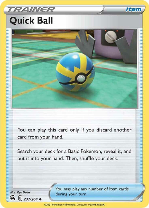 A "Quick Ball (237/264) [Sword & Shield: Fusion Strike]" item card from the Pokémon Trading Card Game's Sword & Shield series. The card features an image of a blue and yellow Poké Ball on a green platform, with a purple and grey Pokémon in the background. Text details the card's effect and usage for players during their turn.