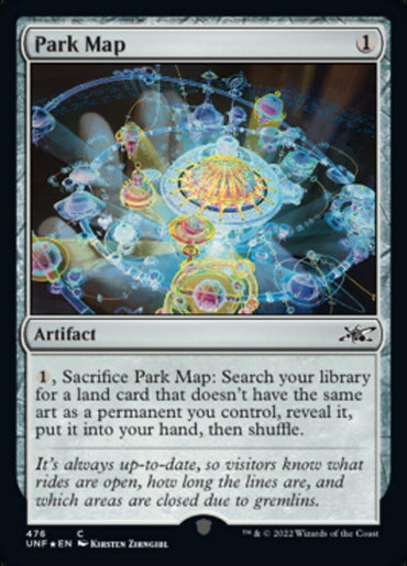 The image displays a Magic: The Gathering card titled "Park Map (Galaxy Foil) [Unfinity]." As an artifact with a casting cost of 1 generic mana, its text reads that you can sacrifice Park Map (Galaxy Foil) [Unfinity] to search your library for a land card. The background showcases a colorful, intricate map of an amusement park.