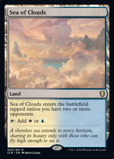 A "Magic: The Gathering" card titled "Sea of Clouds [Commander Legends: Battle for Baldur's Gate]." The artwork depicts a fantasy landscape with vast, soft clouds stretching towards pastel-colored horizons, suggesting a dreamy, airborne sea. As a Rare Land featured in the Commander Legends: Battle for Baldur's Gate set, the card text details its abilities and flavor text is at the bottom.