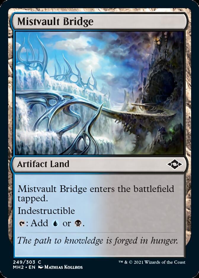 Mistvault Bridge [Modern Horizons 2] is an Artifact Land from Magic: The Gathering. It enters the battlefield tapped, is indestructible, and can add blue or black mana. The artwork depicts an ethereal bridge made of mist over a chasm, exuding a mystical and ancient atmosphere.