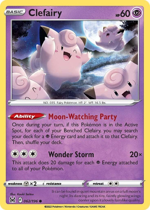 A Pokémon Clefairy (062/196) [Sword & Shield: Lost Origin] trading card. The card features a pink Clefairy under a night sky with a full moon. Clefairy's ability is "Moon-Watching Party," and its move is "Wonder Storm." This Psychic type card has 60 HP and is illustrated by Kouki Saitou.