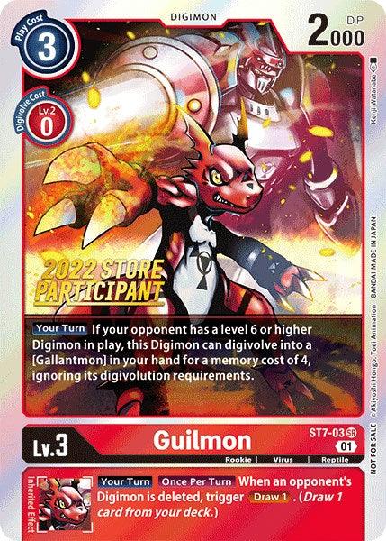 Image of a "Guilmon" Digimon trading card from the Starter Deck: Gallantmon Promos series. The card features Guilmon in a dynamic pose with red and black colors predominantly in the background. As a Super Rare card, it boasts stats like "Lv.3," "2000 DP," and abilities that trigger during gameplay. Notable text includes "2022 Store Participant.