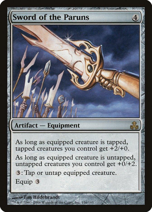 Magic: The Gathering product titled "Sword of the Paruns [Guildpact]." This artifact equipment, featured in Guildpact, depicts an ornate, glowing sword held aloft by a golden-hued hand, surrounded by similarly styled weapons. It gives a +2/+0 buff for tapped creatures and +0/+2 for untapped ones. Cost: 4 colorless mana; equip: 3 colorless.