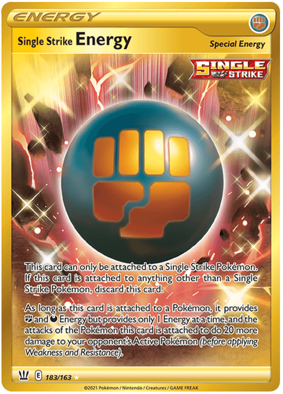 A Pokémon trading card named "Single Strike Energy (183/163) [Sword & Shield: Battle Styles]" from Pokémon. This Secret Rare card features a glowing orange and blue fist symbol in the center, with a dynamic background of sparkling lights. The text outlines its special effect for Single Strike Pokémon. It's number 183/163.