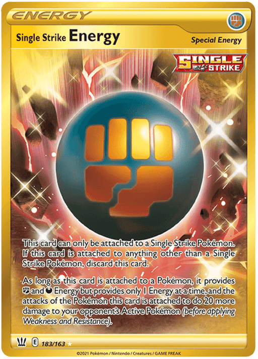 A Pokémon trading card named "Single Strike Energy (183/163) [Sword & Shield: Battle Styles]" from Pokémon. This Secret Rare card features a glowing orange and blue fist symbol in the center, with a dynamic background of sparkling lights. The text outlines its special effect for Single Strike Pokémon. It's number 183/163.
