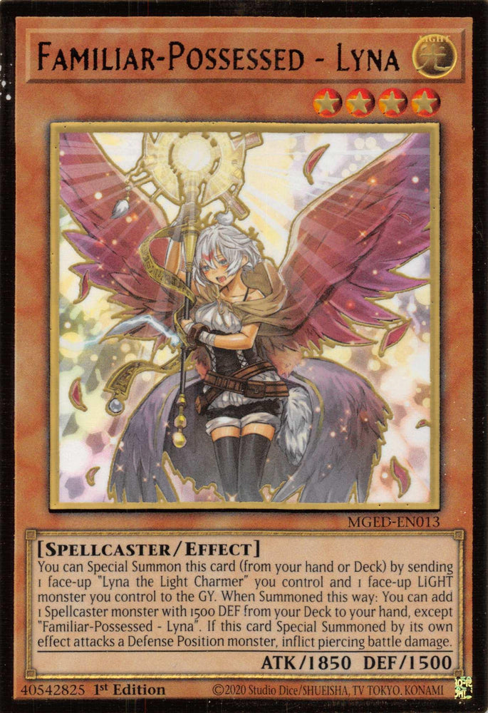 A "Yu-Gi-Oh!" card from Maximum Gold: El Dorado featuring Familiar-Possessed - Lyna (Alternate Art) [MGED-EN013] Gold Rare, a spellcaster/effect monster with 1850 ATK and 1500 DEF. The Gold Rare card art shows a white-haired girl with fox ears and a staff, surrounded by lightning and spell patterns, framed in the typical "Yu-Gi-Oh! 

