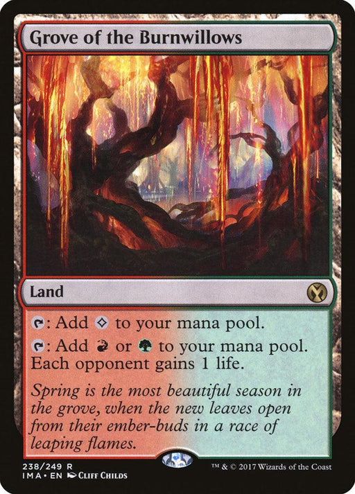 The image features a "Magic: The Gathering" card titled "Grove of the Burnwillows [Iconic Masters]" from Magic: The Gathering. This rare Land card showcases a forest with glowing red and orange trees. Text on the card details its abilities to add red or green mana, granting opponents 1 life. The flavor text describes springtime in the grove.