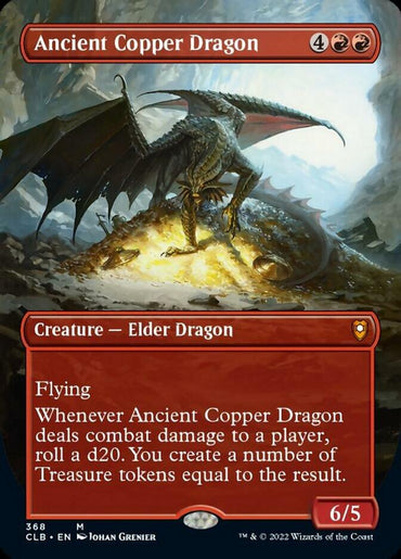 A Magic: The Gathering card from Commander Legends: Battle for Baldur's Gate titled "Ancient Copper Dragon (Borderless Alternate Art)," this Elder Dragon features a majestic flying dragon standing on a pile of gold and treasure. When it deals combat damage to a player, roll a d20 to create Treasure tokens equal to the result. It boasts power/toughness ratings of 6/5 and requires 4RR to cast.