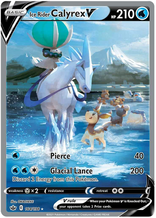 The Pokémon Ice Rider Calyrex V card (164/198) from the Sword & Shield: Chilling Reign set showcases Calyrex, a white horse with an armored rider holding a green orb, standing majestically. This Ultra Rare card features 210 HP and two moves: "Pierce," which deals 40 damage, and "Glacial Lance," which delivers 200 damage.