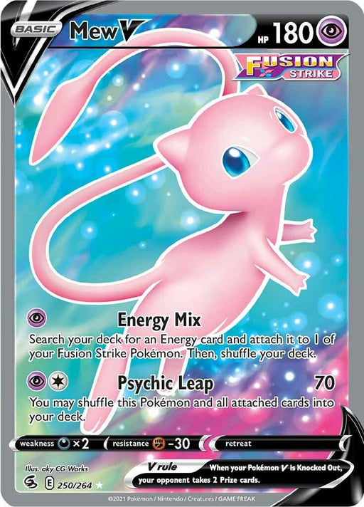 A Pokémon product named Mew V (250/264) [Sword & Shield: Fusion Strike] featuring 180 HP from the Fusion Strike series. The Ultra Rare card showcases a pink, cat-like Pokémon with large blue eyes floating against a vibrant, cosmic background. It includes attacks: Energy Mix and Psychic Leap. The card's weaknesses, resistances, and retreat cost are shown.