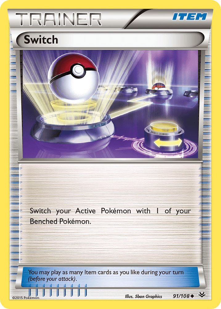 A Pokémon Trainer Item card titled "Switch (91/108) [XY: Roaring Skies]" from the Pokémon series. The card features an image of a Poké Ball against a dynamic, futuristic background with beams of light. The text reads: "Switch your Active Pokémon with 1 of your Benched Pokémon." This Uncommon card is numbered 91/108 from the 2015 series.