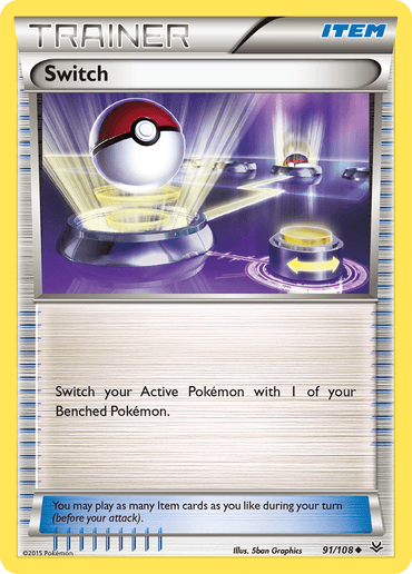 A Pokémon Trainer Item card titled "Switch (91/108) [XY: Roaring Skies]" from the Pokémon series. The card features an image of a Poké Ball against a dynamic, futuristic background with beams of light. The text reads: "Switch your Active Pokémon with 1 of your Benched Pokémon." This Uncommon card is numbered 91/108 from the 2015 series.