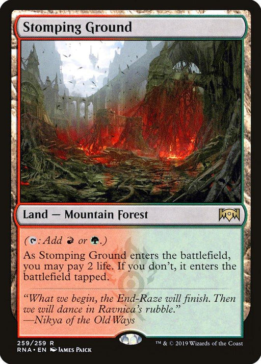 The image shows a rare land Magic: The Gathering trading card named "Stomping Ground [Ravnica Allegiance]" from the Magic: The Gathering set. It depicts a fiery, forested landscape with smoldering lava and ruined architecture. As a "Land – Mountain Forest," it can add red or green mana, with potential life loss or tapped entry to the battlefield.
