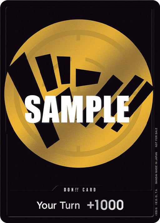 An image of a DON!! Card (Yellow) [One Piece Promotion Cards] with a black border. The center features a large yellow circle with angular black shapes inside. The word "SAMPLE" is superimposed across the circle. Below it, text reads "Your Turn +1000." The bottom left has small text indicating the publisher and rights holder by Bandai.