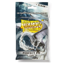 A pack of Arcane Tinmen's Dragon Shield: Standard Size 100ct Inner Sleeves - Perfect Fit (Clear 'Sanctus'), designed for card protection. The packaging features an illustration of a dragon on a cloudy background and reads "100 Perfect Fit Inner Card Sleeves," "Dragon Shield," and "Perfect Fit Clear.