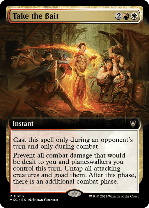 A Magic: The Gathering card named "Take the Bait (Extended Art) [Murders at Karlov Manor Commander]." This rare instant spell costs two generic mana, one red mana, and one white mana to cast. The art depicts a character luring a group of armed people into an underground room illuminated by golden light. The card's text describes its combat manipulation ability.