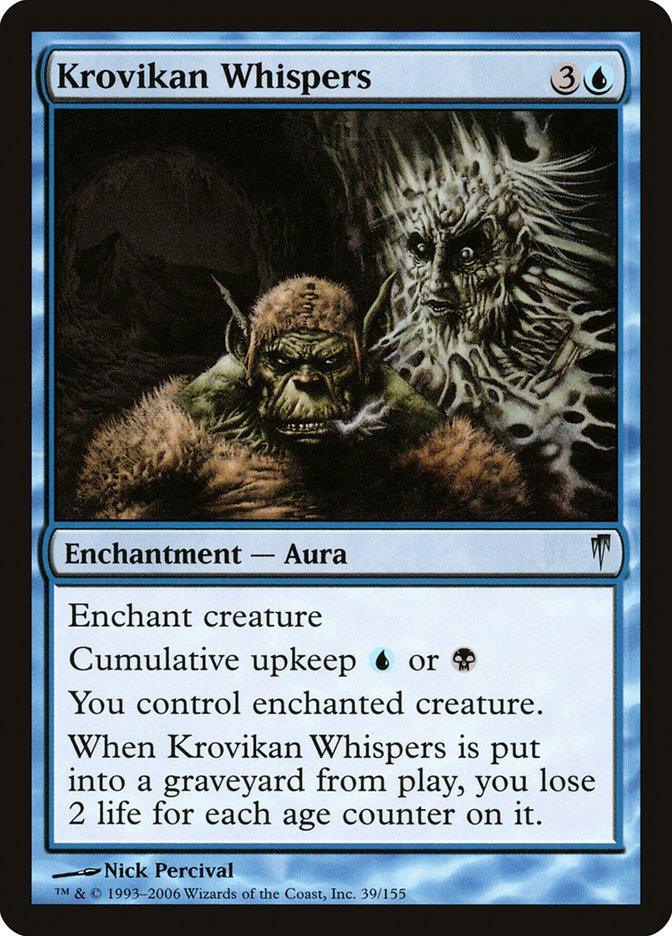 Krovikan Whispers [Coldsnap]" is a blue Magic: The Gathering card with a casting cost of 3 colorless and 1 blue mana. This Enchantment - Aura enchants a creature and features eerie artwork by Nick Percival, depicting an orc-like being haunted by a ghostly, skeletal figure. It includes cumulative upkeep and life-loss mechanics.