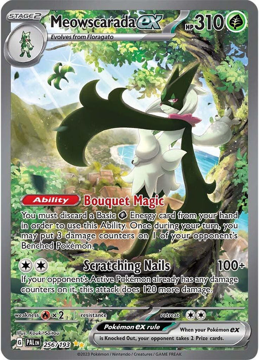 A Pokémon Meowscarada ex (256/193) [Scarlet & Violet: Paldea Evolved] trading card featuring Meowscarada ex with 310 HP. Its abilities include "Bouquet Magic" and "Scratching Nails," which deals 100+ damage. Part of the Scarlet & Violet: Paldea Evolved set, it details weaknesses, resistances, and retreat cost while showcasing a beautifully illustrated Pokémon in a dynamic pose.