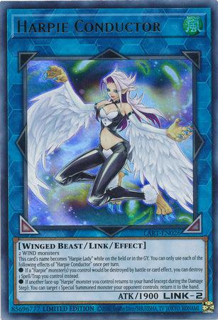 Image of the Yu-Gi-Oh! Link/Effect Monster "Harpie Conductor [LART-EN026] Ultra Rare." It shows a winged female character with long hair, dressed in black and blue attire with white feathers. The blue card frame indicates it is a Link monster with 1900 attack points and 2 link rating. Various details and effects are written at the bottom.