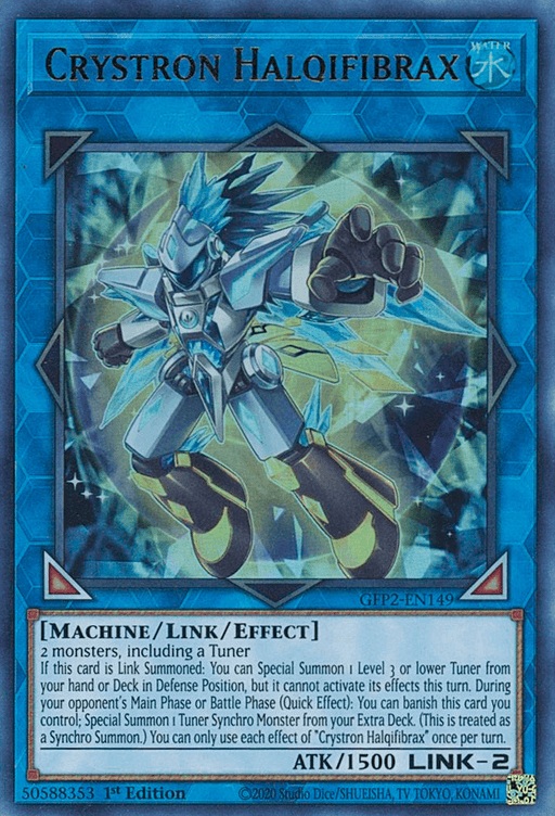 A Yu-Gi-Oh! trading card named "Crystron Halqifibrax [GFP2-EN149] Ultra Rare" from the Ghosts From the Past set. It shows a futuristic robot with blue and metallic armor, creating ice crystals. The blue card border indicates it's a Link monster, with Ultra Rare stats reading ATK/1500 and Link-2. Card text provides effects and summoning conditions.