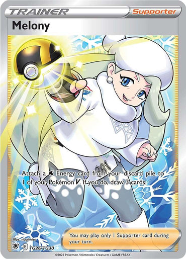 A Pokémon Trainer card titled "Melony (TG26/TG30) [Sword & Shield: Astral Radiance]" from the Pokémon series is illustrated with a light-skinned woman in winter attire. She wears a white hat, turtleneck, and gray leggings. Holding a golden Poké Ball and surrounded by snowflakes, the Secret Rare card mentions attaching energy to a Pokémon V and drawing cards.