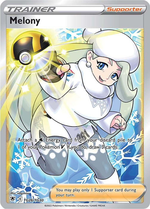 A Pokémon Trainer card titled "Melony (TG26/TG30) [Sword & Shield: Astral Radiance]" from the Pokémon series is illustrated with a light-skinned woman in winter attire. She wears a white hat, turtleneck, and gray leggings. Holding a golden Poké Ball and surrounded by snowflakes, the Secret Rare card mentions attaching energy to a Pokémon V and drawing cards.